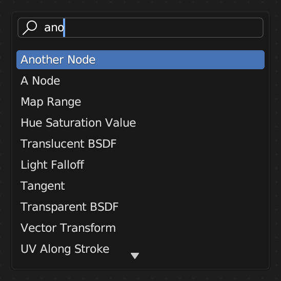 Screenshot of Blender's Search node menu, showing a search with two custom nodes.