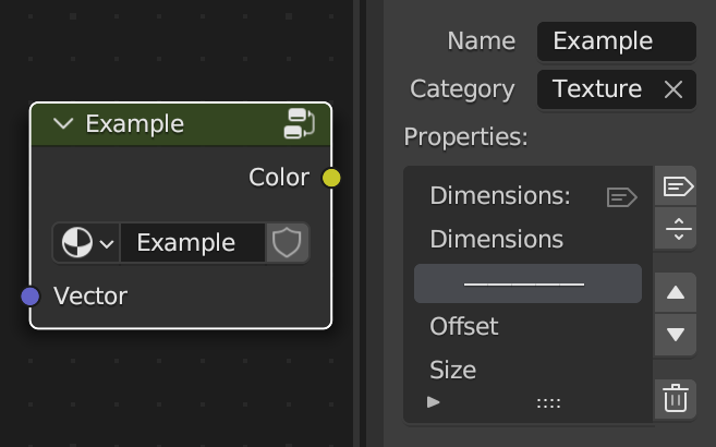 Screenshot of a node group and its custom property setup in the Node Kitchen.