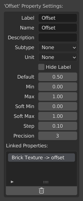 Screenshot of the "Property Settings" section of the Node Kitchen, in advanced mode, showing all the settings for a property called "Offset".