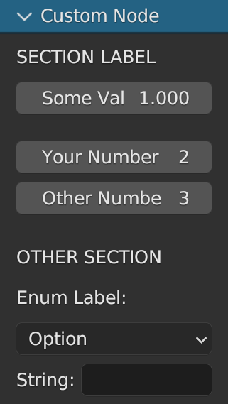 Screenshot of a custom node showing resulting UI from the properties list above.