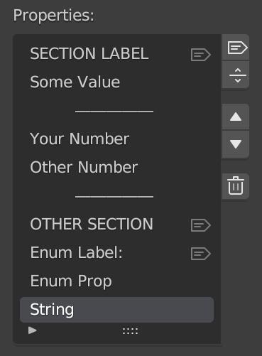 Screenshot of the "Property List" section of the Node Kitchen, showing several real and pseudo-properties.